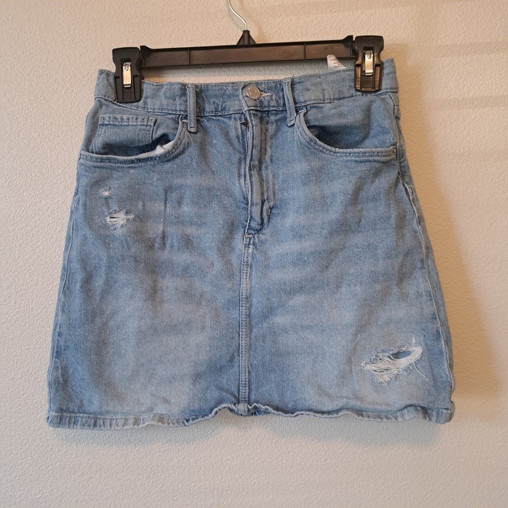 HM &Denim Girls Light Wash Distressed Mini Skirt Size 14 18 Adjustable Waist